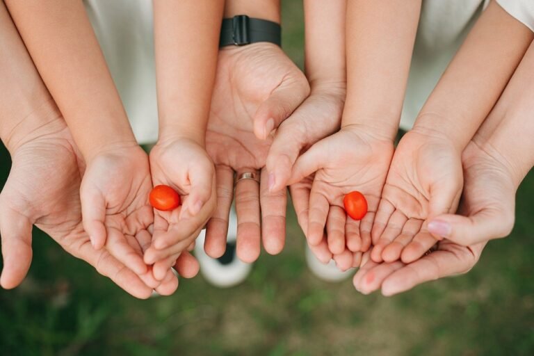 family, parents, children, hand, tomato